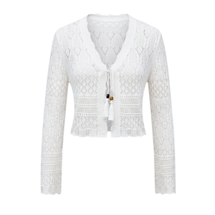 明星同款/MSLAN26春镂空流苏显瘦波嬉风度假针织衫白色开衫