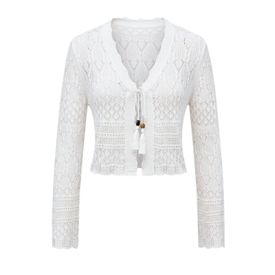 MSLAN明星同款法式流苏镂空开衫