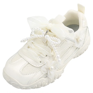 星期六童鞋女童鞋子春秋季新款透气网面防滑儿童珍珠休闲小白鞋