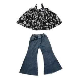 2026夏装女童个性涂鸦艺术感吊带娃娃衫时尚中大童喇叭马蹄牛仔裤