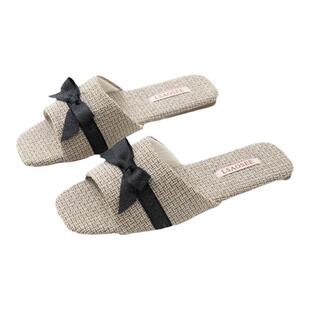 新款春夏亚麻布透气潮流露趾拖鞋居家情侣款静音防滑牛筋底蝴蝶结