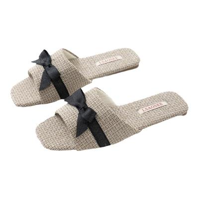 格子布亚麻露趾蝴蝶结拖鞋女