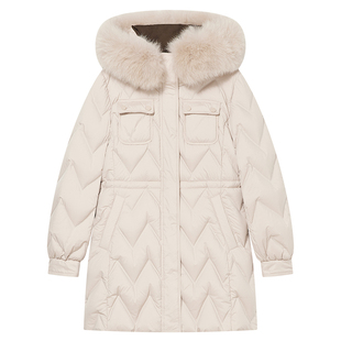 Goodland美地浅咖狐狸毛领连帽羽绒服女中款收腰鸭绒LC34508380