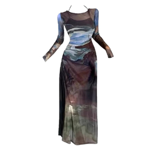 大码胖mm复古开叉收腰网纱吊带连衣裙女春夏辣妹显瘦长裙两件套装