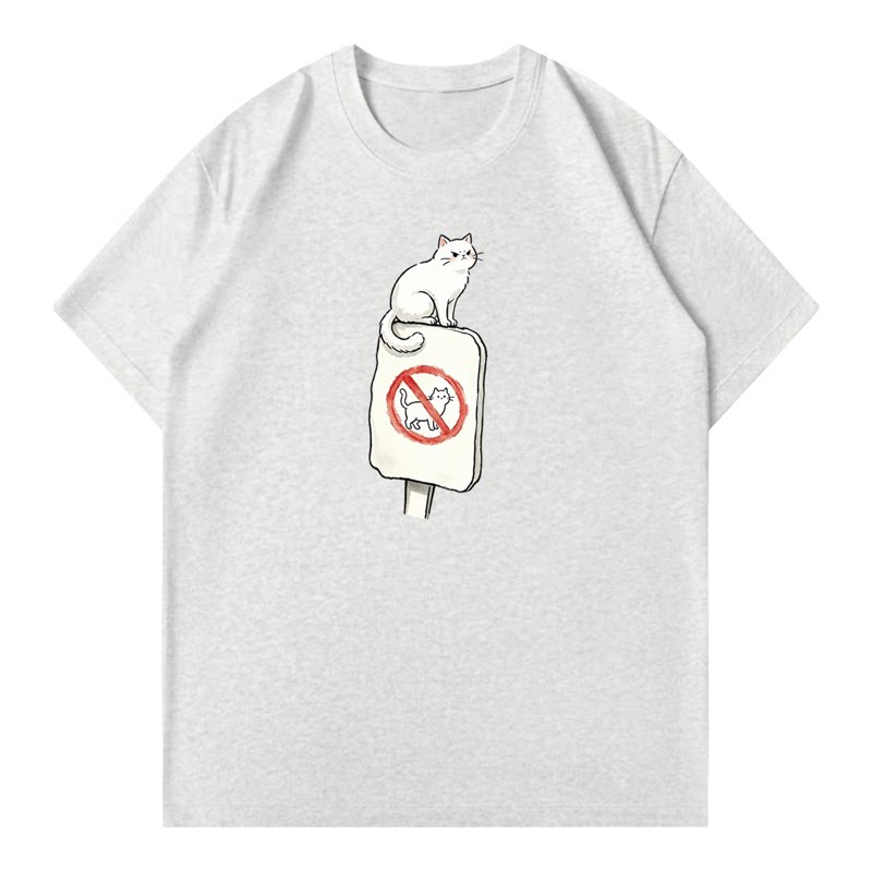 搞笑小猫咪禁区趣味印花短袖纯棉T恤男女生复古手绘潮流休闲上衣