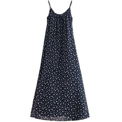 CR无袖吊带印花裙长款度假风蓝