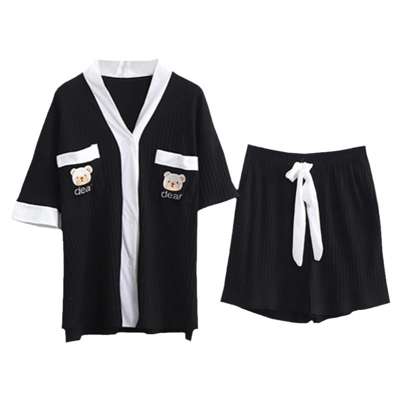 女坑条棉开衫V领家居服睡衣