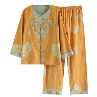 全棉中国风中式双层纱睡衣家居服套装长袖长裤秋冬新款大码柔软