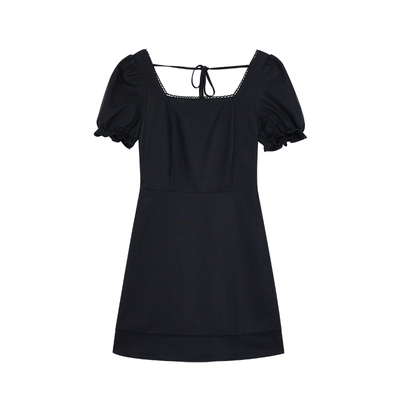 pusumede 苏梅岛季风 高级感复古亚麻方领连衣裙女收腰泡泡袖短裙