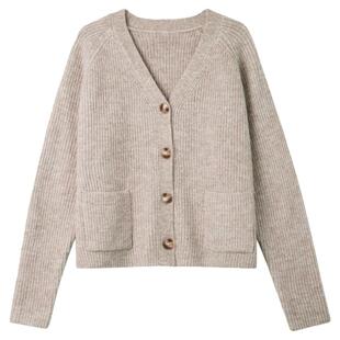 布景毛衣外套女春季新品简约条纹V领双口袋宽松短款针织开衫3085