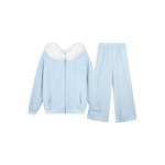 安妮不火 kt刺绣毛领卫衣外套长裤套组女微胖大码慵懒风宽松套装