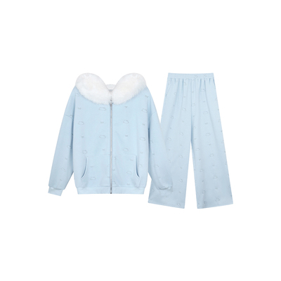 安妮不火 kt刺绣毛领卫衣外套长裤套组女微胖大码慵懒风宽松套装