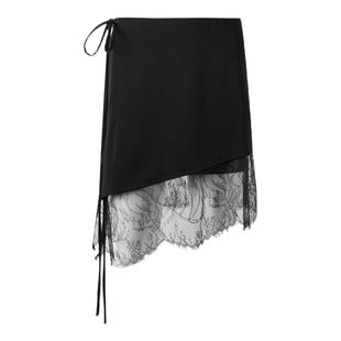 ourhour 假两件系带 黑色拼接蕾丝花边不规则短裙 女夏设计感半裙