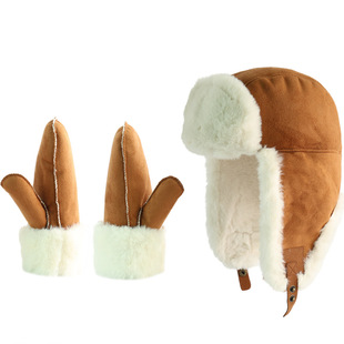 韩版冬季儿童麂皮绒雷锋帽连指手套套装男女童加绒保暖防寒护耳帽