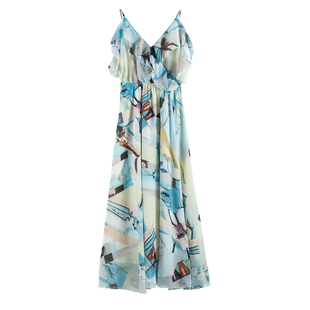 沙滩裙女泰国巴厘岛度假波西米亚雪纺V领吊带裙海边连衣裙长裙夏