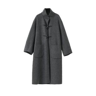 POPCHRIO欧可芮◆牛角扣立领双面呢大衣100%羊毛中长款毛呢外套女