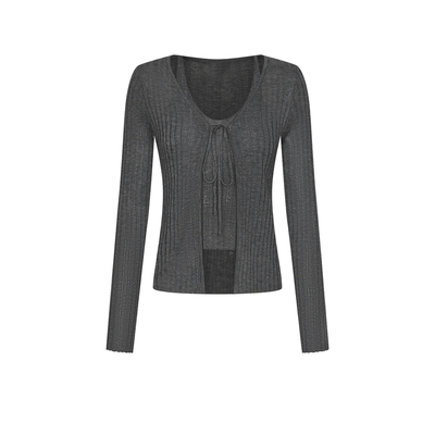 UR&DC2026春季新款设计感系带假两件细闪U型领针织衫女短款上衣