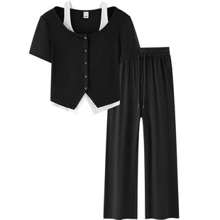 [商场同款]森马套装女假两件短上衣直筒长裤2025秋新款黑色两件套