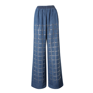 EAM STUDIO2025秋季新款亮闪闪烫钻牛仔裤薄款松紧腰直筒拖地长裤