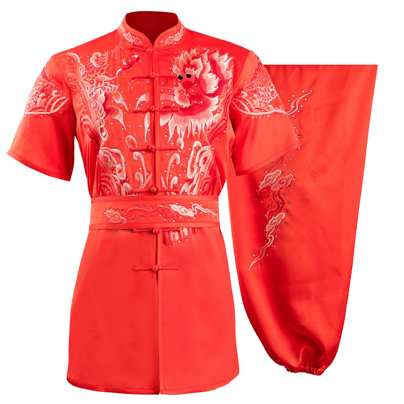 大业亨通武术服武术表演服装太极拳练功服长拳比赛专用红色刺绣服