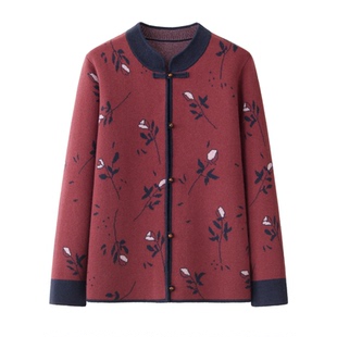 秋冬新款中老年女妈妈装100%纯羊毛国风立领双提提花加厚盘扣外套