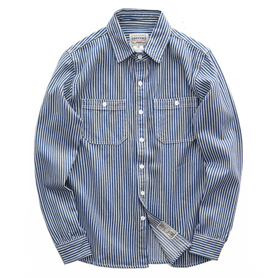 蓝白条纹衬衫长袖美式复古工装
