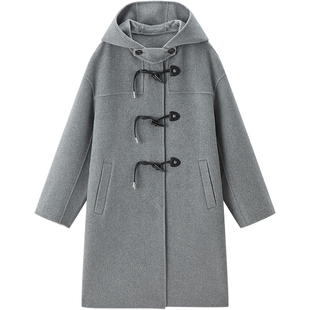 乐町学院风牛角扣双面呢大衣女含羊绒冬季新款中长款连帽宽松外套