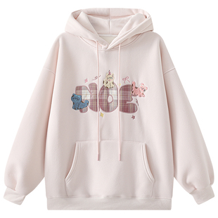 慕兔甜美字母刺绣加绒连帽卫衣女2025冬季新款慵懒风宽松粉色上衣