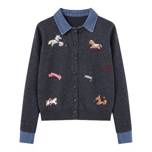 Basic House/百家好减龄牛仔领假两件针织衫木马刺绣宽松显瘦开衫