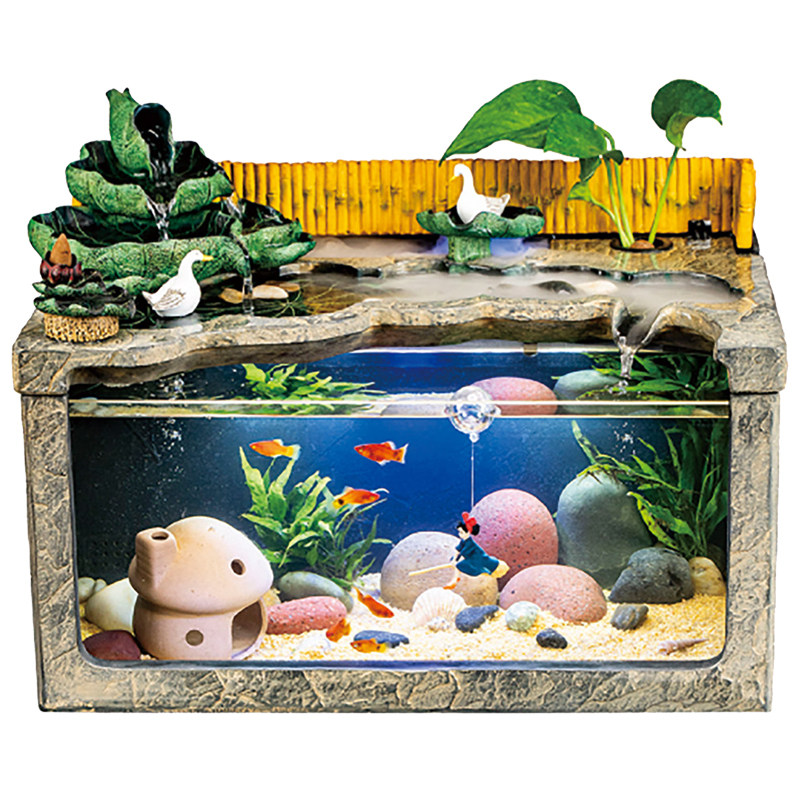 流水鱼缸摆件客厅带雾化超白玻璃水族箱中式创意桌面装饰循环水景