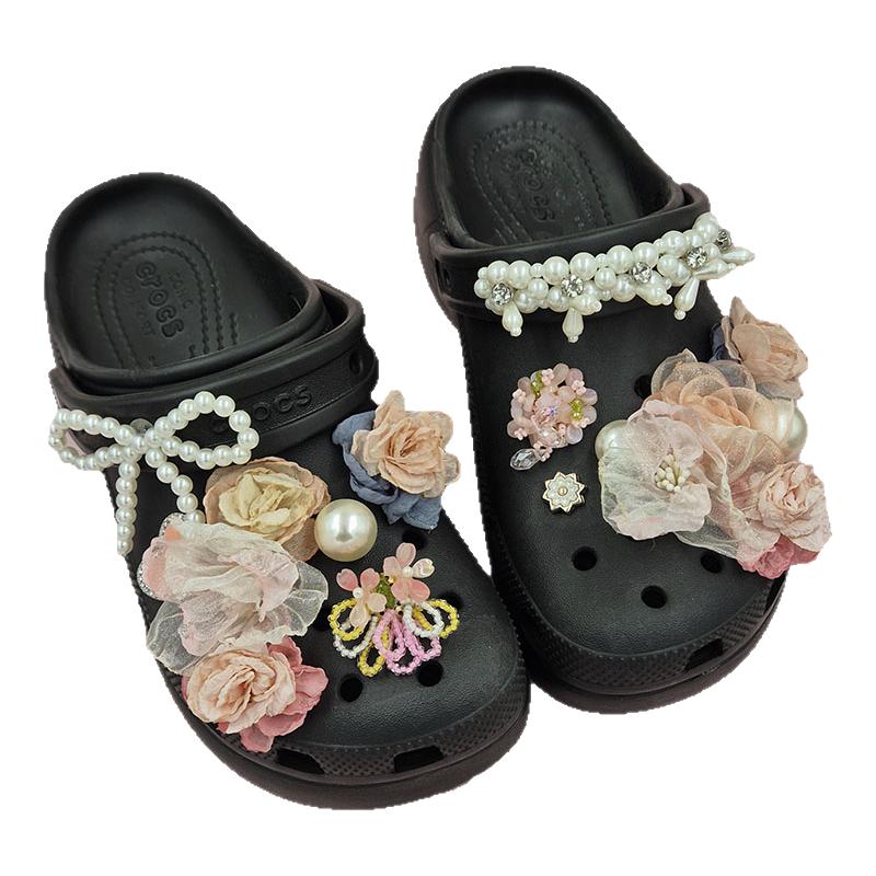 适配粉色卡骆驰crocs洞洞鞋配饰鞋花鞋扣高级感花朵可爱珍珠链条