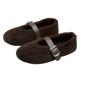 欧洲站2025冬季新款加绒毛毛鞋毛绒芭蕾单鞋女外穿棉鞋女鞋羊毛鞋