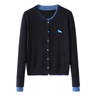 桑蚕丝+绵羊毛假两件针织开衫内搭打底衫撞色毛衣短款外套女上衣