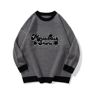 MPUX联名立体字母提花圆领套头休闲毛衣男女同款格子撞色潮牌上衣