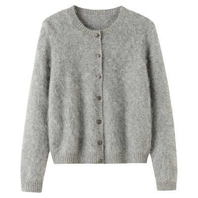 FANLE STUDIOS轻奢真丝羊绒羊毛水洗拉毛绒轻盈软糯圆领开衫毛衣