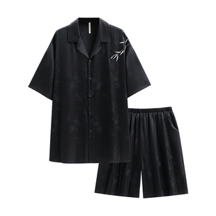 家乐芬睡衣男士款夏季冰丝丝绸短袖短裤家居服男款夏款仿真丝黑色