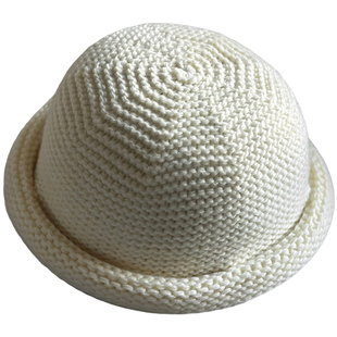 手工编织日系羊毛毛线卷边小圆帽女冬季针织小礼帽复古纯色大头围