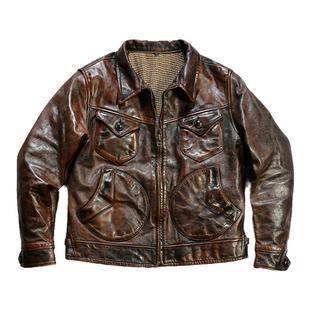 日系门多萨农场主做旧油蜡马皮皮衣男翻领多兜真皮夹克