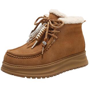百丽厚底系带毛毛雪地靴防滑新款轻便厚底保暖棉鞋短靴子E8S1DDD5