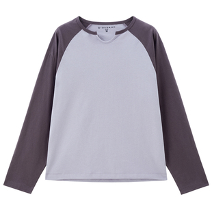 佐丹奴长袖T恤女2026年春新款纯棉撞色插肩小U领休闲上衣13324719