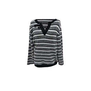 今日艺术家原创黑白条纹V领围脖长袖针织衫长袖上衣