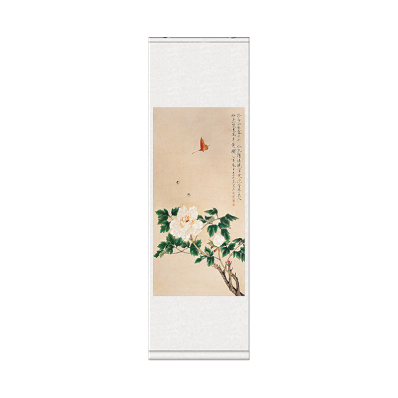 于非闇工笔花鸟如玉丝绸画真迹