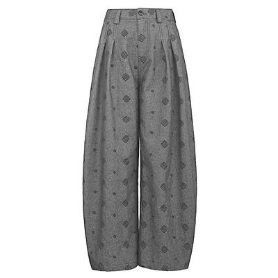 sdeer复古高腰绣花插袋阔腿长裤