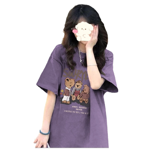 设计感小众紫色正肩纯棉短袖T恤女夏ins潮港味chic宽松半袖上衣服