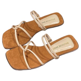 粗跟交叉细带两穿凉鞋女2026年新款法式方头露趾一字拖鞋气质绝美