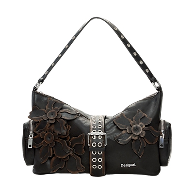 Desigual皮擦色立体3D花朵装饰单肩手提斜挎包