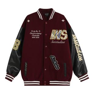 NOPASS 国潮情侣原创美式编织贴布刺绣字母棒球服夹棉夹克外套女