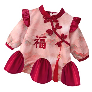 女童旗袍加绒冬天裙子女宝加厚拜年服新款小女孩冬装儿童汉服唐装