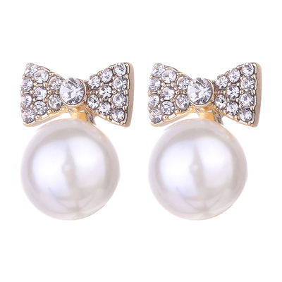 韩版淑女风蝴蝶结白色假耳钉珍珠