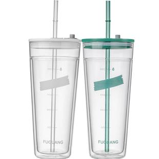 富光大容量双层高硼硅玻璃吸管水杯咖啡杯牛奶果茶带刻度情侣杯子